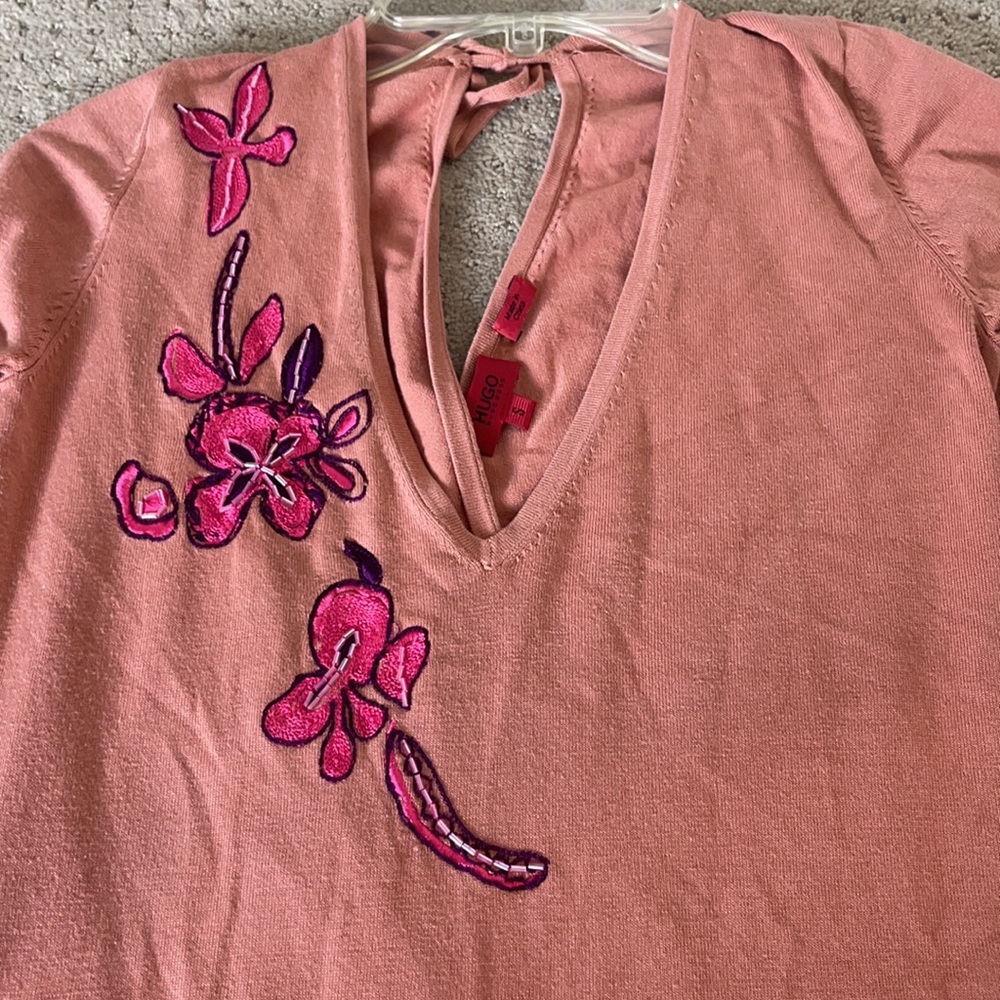 Hugo Boss Pink Silk Blend Long Sleeve Top Size S